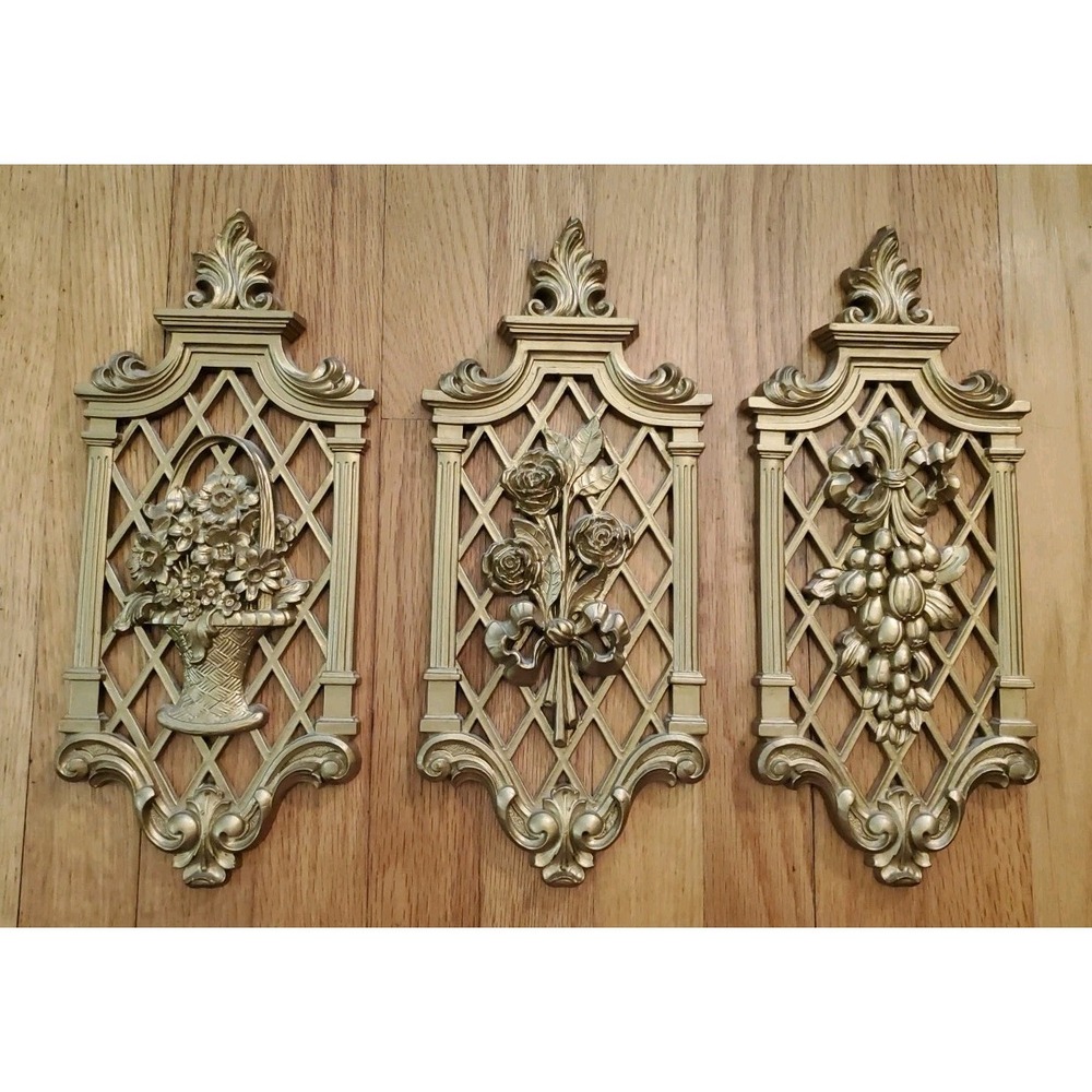 Set of 3 Vintage DART INDUSTRIES Gold Wall Hanging Plaques Floral Decor